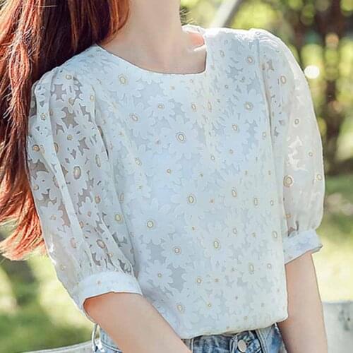 Blouse Women Blusas Mujer De Moda 2021 Short Sleeve White Blouse Women Shirts O-neck Lace Chiffon Blouse Shirt Women Tops D229