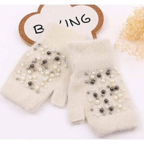 Gloves Women Fingerless Winter Guantes Warm Cashmere Wool Knitted Rabbit Fur Pearl Beaded Female Mitten Half Finger Luvas Gloves