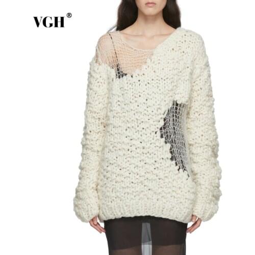 VGH Casual Beige Irregular Cut Out Womens Sweater Round Neck Long Sleeve Korean Fashion Loose Sweaters Female 2021 Autumn 2021