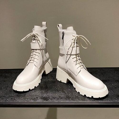 Punk Martin Boots Cow Leather Women Shoe Street Style Ladies Shoes Lace-Up Belt Buckle Motorcycle Boots Neutral botas de mujer