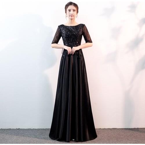 Black Elegant Evening Dress Short Sleeves Simple Empire A-Line O-Neck Floor-Length Zipper Back Woman Formal Party Gowns A1333