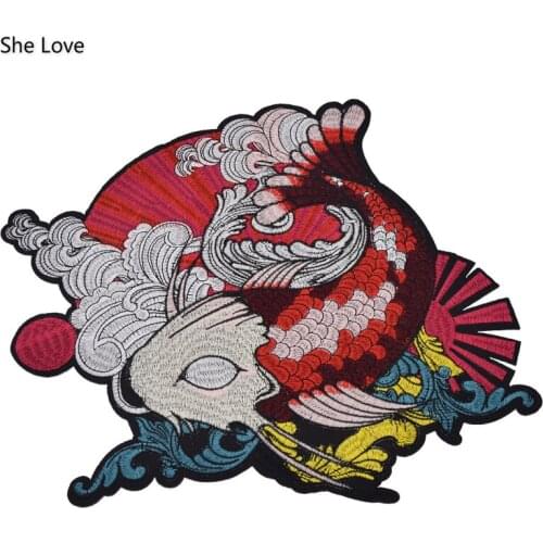Chzimade Large Carp Embroidered Iron on Patch Coat Jacket Jeans Decoration Motifs Applique