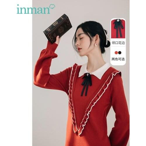 INMAN Womens Dress Autumn Winter Pointed Collar Sweet Tie Decoration Splicing Long Sleeve Red or Black Female Woolen One-Piece