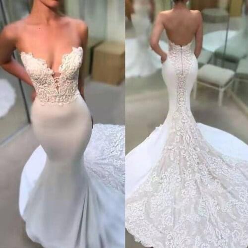 Beautiful Cheap China Long custom made white lace crepe mermaid Wedding Dresses Bridal Gowns with lace train vestido de noiva
