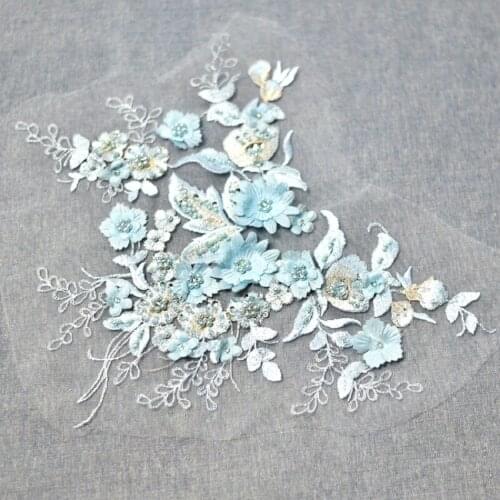 1Piece 3D Beaded Lace Applique Blue Bridal Venice Lace Accessories Embroidered Lace Appliques For Wedding Dresses DIY Craft