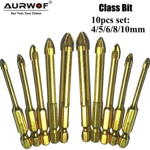 LA VIE 10pcs 1/4" Hex Shank Glass Bits Titanium Coated Glass Drill Set 4 5 6 8 10mm Ceramic Marble Cross Tipped Hole DB02002