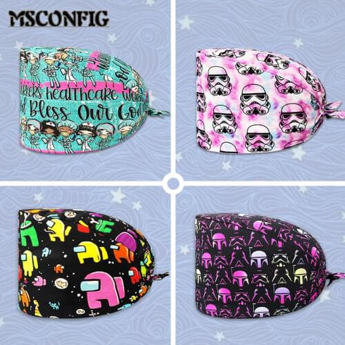 Cute Cartoon Print Ladies Nurse Cap Surgical Cap Pet Hospital Surgeon Cap Dentist Cap Beauty Salon Chef Breathable Scrub Cap