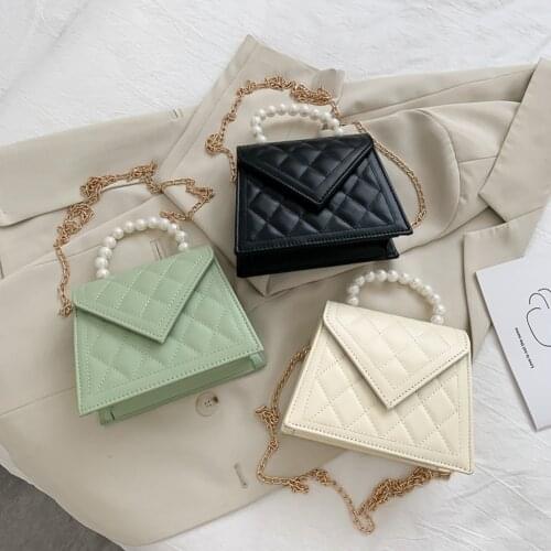 Fashion Solid Color Lattice Pattern Crossbody Shoulder Bag PU Leather Women Pearl Handle Thin Gold Chain Messenger Handbags