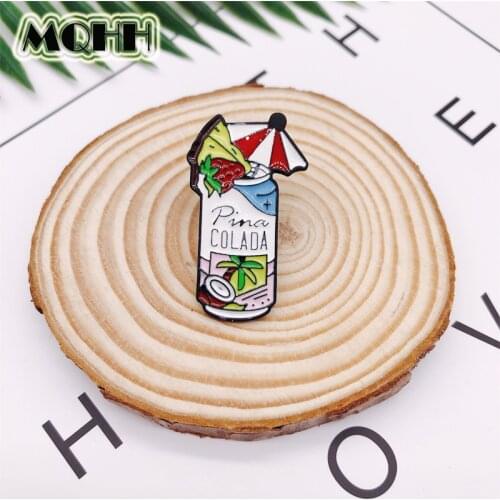 Cartoon Beer Cocktail Cans Beverage Enamel Brooch PINA COLADA Umbrella Coconut Badge T-shirt Pin Jewelry Gift For Friends