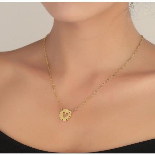 Stylish Stainless Steel Hollowout Coin Heart Necklaces Round Love Charm Trendy Valentines Day Jewelry Gift