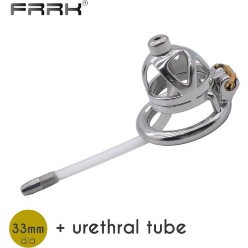 FRRK Small Chastity Belt Lock for Men Metal Cock Cage with Urethral Tube Steel Male Bondage Device Adult Games Erotic Penis Ring
