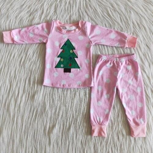 Christmas Sleep Wear for Sibling Boys and Girls Pink Wave Point Embroidered Christmas Tree Pajamas Sets Nightclothes RTS