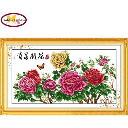 GG Fortune Comes with Blooming Flowers Chinese Flowers Needlework Cross Stitch Kits for Embroidery Home Decor Cross-stitch Set