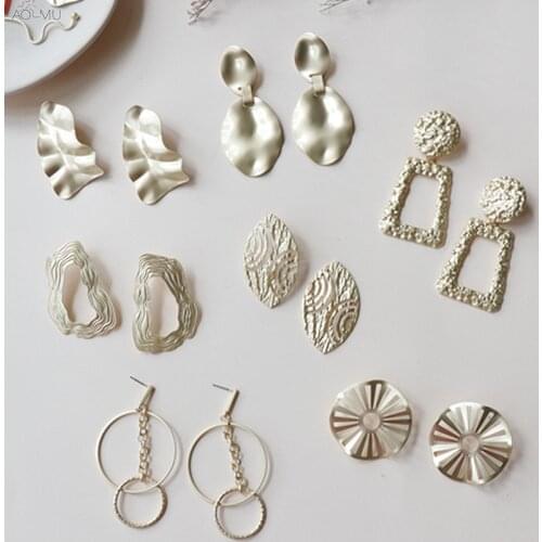 AOMU Geometric Baroque Irregular Gold Metal Matte Leaf Hollow Square Circle Exaggerate Big Stud Earrings for Women Beach Party