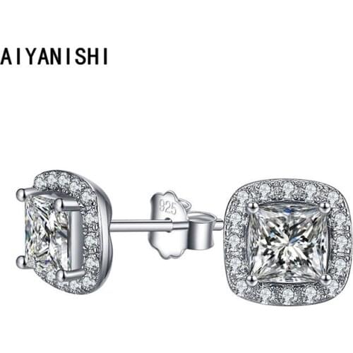 AIYANISHI Vintage 925 Sterling Silver Stud Earrings Halo Princess Silver Stud Earrings for Women Wedding Engagement Party Gifts