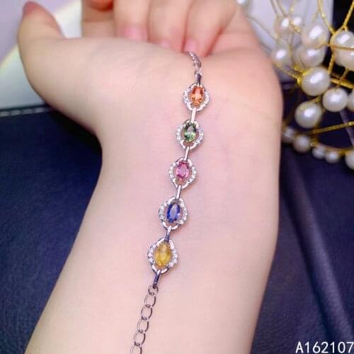 Fine Jewelry 925 Sterling Silver Inset With Natural Gemstone Womens Luxury Trendy Color Sapphire Hand Bracelet Support Detectio