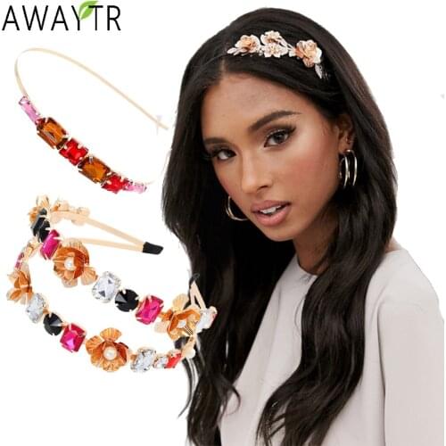 AWAYTR Baroque Jeweled Headband Hair Hoop Women Wedding Bride Flowers Crystal Hairband Rhinestone Bezel Elegant Hair Accessories