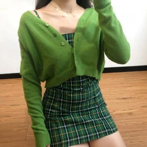 V Neck Long Sleeve Short women Knitting Cardigan Vintage High Waist Single-breasted Solid Color Woman Sweater autumn tops 2021
