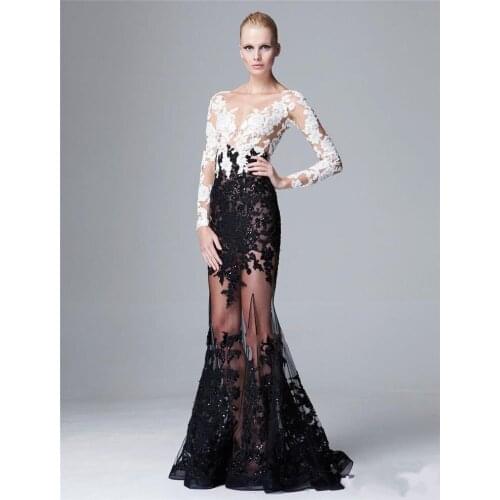 Sexy See Through Long Sleeve White And Black Mermaid evening prom Gown Sequin vestido de noiva Long Mother of the Bride Dresses