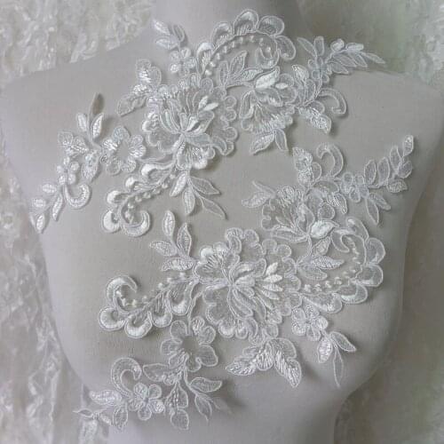 1 Pair Mirror White Floral Embroidery Alencon Corded Lace Applique For Dress Decor, Bridal Gowns 30cm*14.5cm