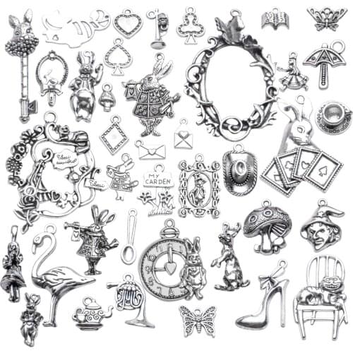 40 Pieces Antique Silver Alice in Wonderland Fairy Tales Charms Alloy Rabbit Watch Teapot Pendants Charms for DIY Jewelry Making