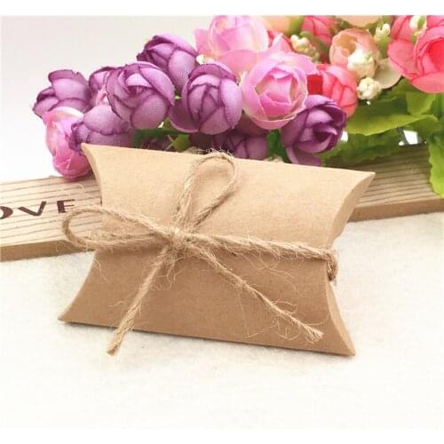 50pcs kraft paper pillow shape box+50pcs hemp rope, wedding festival party favor wrapping box candy packing carton supplies