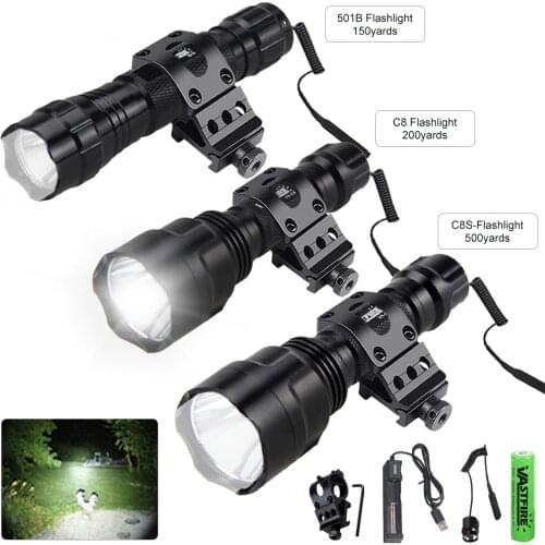 500 Yards T6 C8S/C8/501B Hunting Flashlight Torches Green Red White Light LED Rechargable Flashlights Lantern+18650+Charger