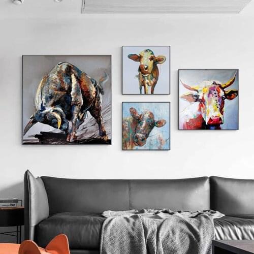 Abstract Colorful Bull Canvas Paintings Animal Wall Art Prints Poster Living Room Decorative Paintings On The Wall Home Decor
