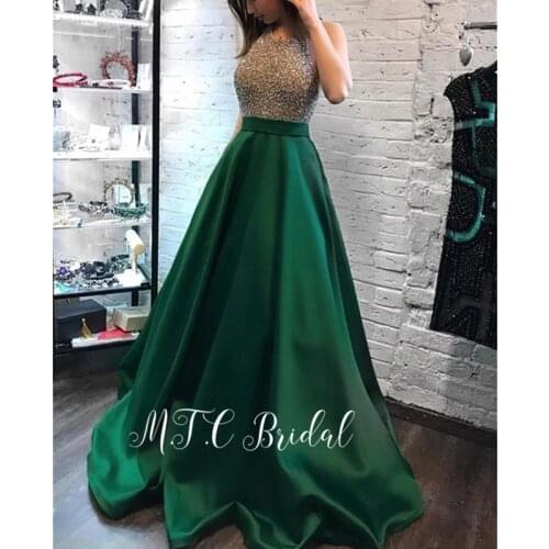 Glitter Sliver Beads Long Evening Dress A Line Floor Length Satin Formal Prom Gowns 2019 Custom Made Arabic Women Party Dresses