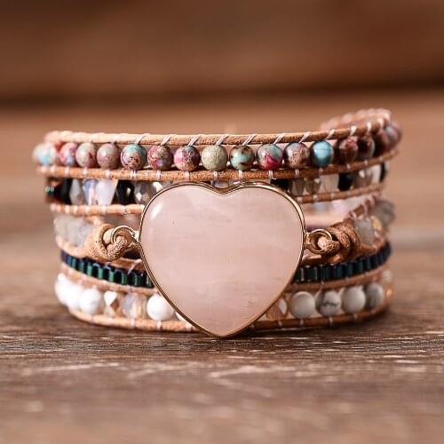 Rose Crystal Heart 5 Strands Wrap Bracelets Chain String Handmade Bracelet Boho Chic Women Jewelry