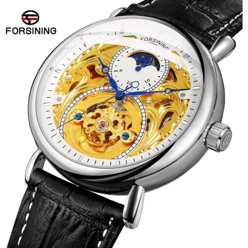 2019 Forsining Top Brand Automatic Mechanical Business Casual Mens Clock Gold Moon Phase Leather Wrist Watches Relogio Masculino