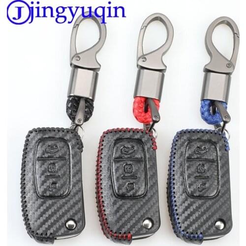 Jingyuqin 3b Carbon Leather Car Key Case Cover for Ford Fiesta Focus 2 Ecosport Kuga Escape Folding Flid