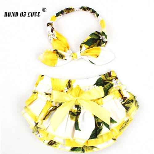 Baby Bloomers Baby Girl Ruffle Diaper Cover And Headband Set Toddler Cotton Fruit Pattern Bowknot Tutu Shorts 2 Colors YC029