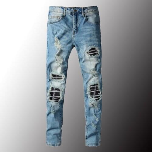 New Mens Pleated Patchwork Ripped Slim Skinny Jeans Streetwear Holes Stretch Denim Pants Light Blue Trousers Plus Size 40