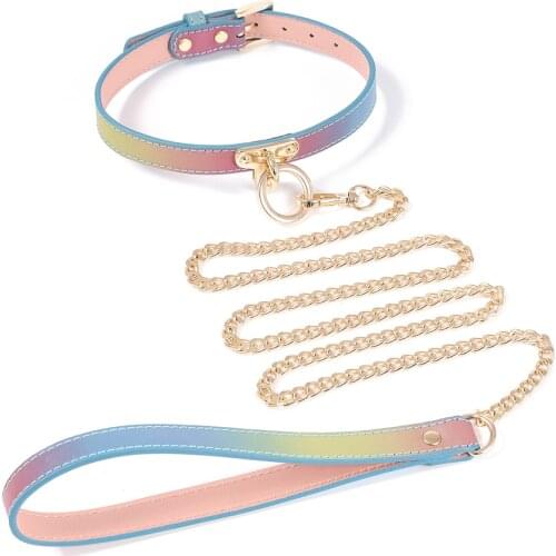 Multicolor Sexy Leather Chain Collar with Leash BDSM Bondage Fetishs Collar Adult Lingerie Sex Accessories for Woman Jeux Sexuel