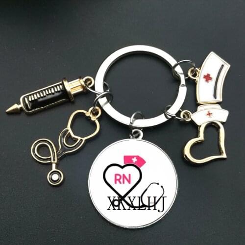 New fashion creative nurse medical syringe stethoscope image keychain glass cabochon and glass dome key ring pendant gift