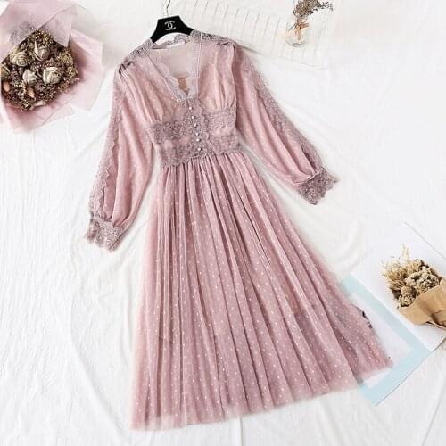 New Arrivals Women Lace Dress V-neck French Retro Style Long Sleeve Elegant Midi Dress High Quality Mesh Dress Vestidos