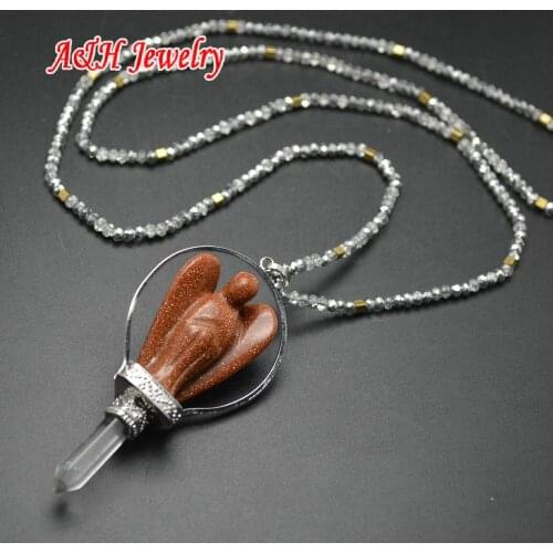 1pc New Arrival Fashion Women Jewelry Gold Sand Stone Carved Angle With Hexagon Crystal Pendants 32'' Chain Necklace