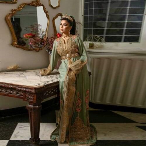 Luxury Embroidered Beading A-line Moroccan Caftan Evening Dresses Long Sleeves Dubai Saudi Arabia Muslim Special Occasion Gown