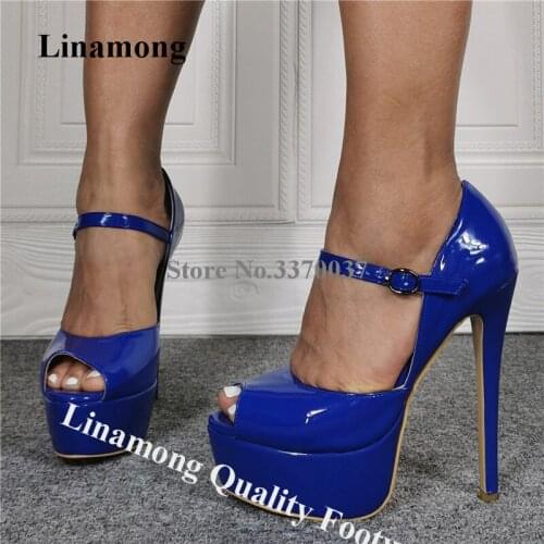 Linamong Fashion Peep Toe High Platform Stiletto Heel Sandals Blue Patent Leather Ankle Strap High Heel Sandals Dress Heels