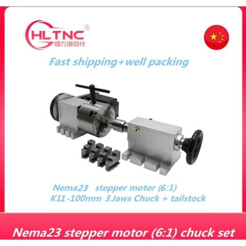 Free shipping Nema 34 stepper motor (4:1) K11-100mm 3Jaw Chuck 100mm CNC 4th axis A aixs rotary axis + tailstock for cnc router