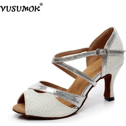 VUSUMOK Womens Latin Dance Shoes Customize Heel Buckle Ballroom Silver Dancing Shoes for Women Shoes Plug Size 33-43