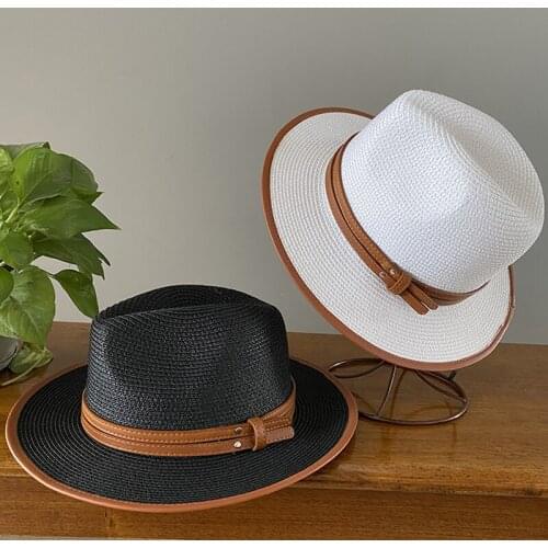 Quality Summer Casual Panama Paper Straw Hats For Women PU Belt Ribbon Wide Brim Beach Cap Women Jazz Chapeu Feminino Verano