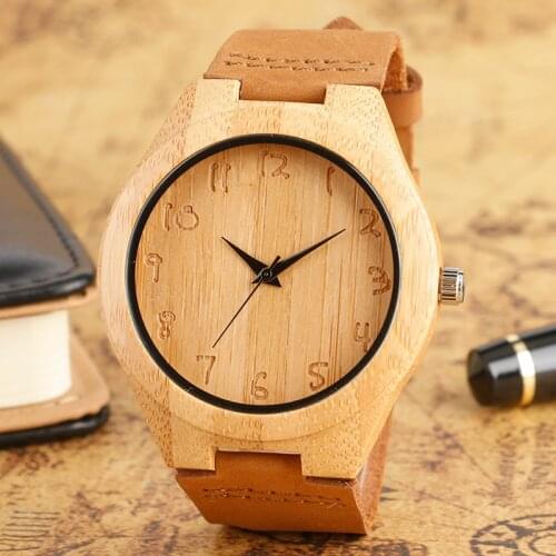 Nature Wood Women Watches Cute Arabic Numerals Dial Quartz Bamboo Creative Ladies Watch Simple Genuine Leather Band Clock Gift