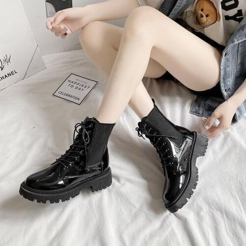 Lazyseal Platform Women Autumn Boots Cross-tied Daily Short Boots Lace Up Patent Leather Ankle Boots For Women Boots High Heels