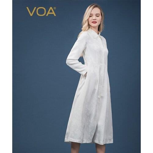 VOA Silk Trench Coat Women White Outerwear Peaked Lapel Long Sleeve Autumn Clothes Women Windbreaker Ladies Formal Coats F7367