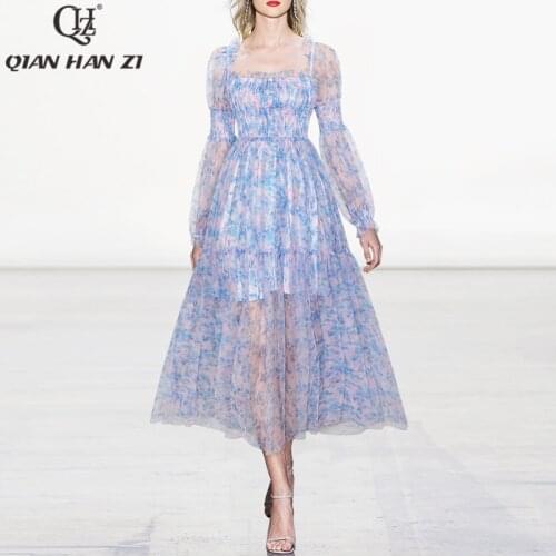 Qian Han Zi Square Neck Open Back Perspective Lantern Long Sleeve Stretch Pleated Mesh Print Elegant Maxi dress 2021 Summer