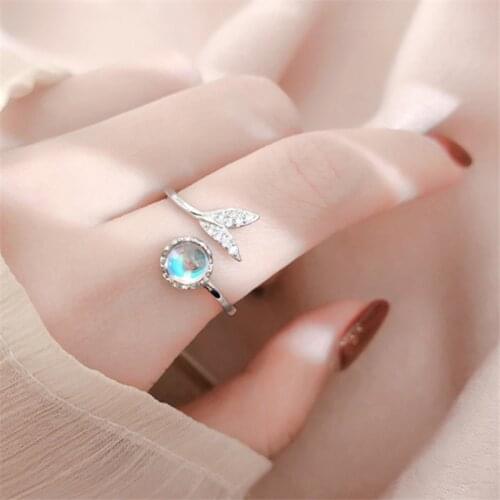 Mermaid Silver Plated rings Blue Magic Water Crystal Ring for women CZ Elegant Ladies jewelry 925 Sterling Tail Moonstone