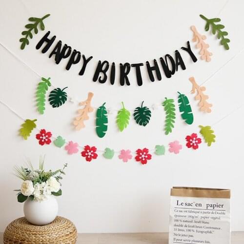 Ins Forest Party Non Woven Happy Birthday Banner Leaves Garland Kids Birthday Flower Flag Korean Style Green Hanging