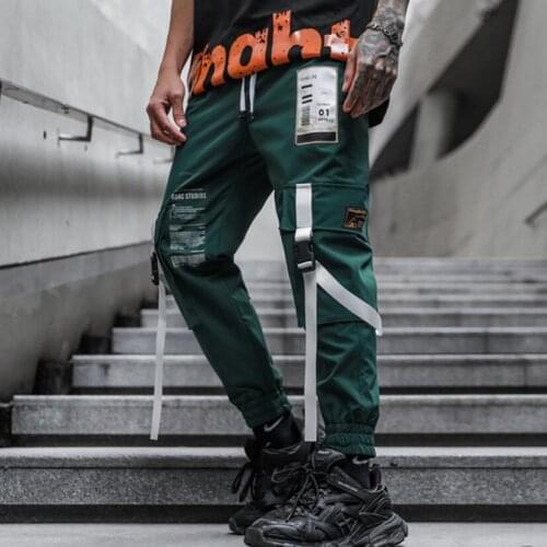 Black green ribbons hip hop cargo pants Japanese techwear street wear men elastic waist slim fit joggers casual sport trousers